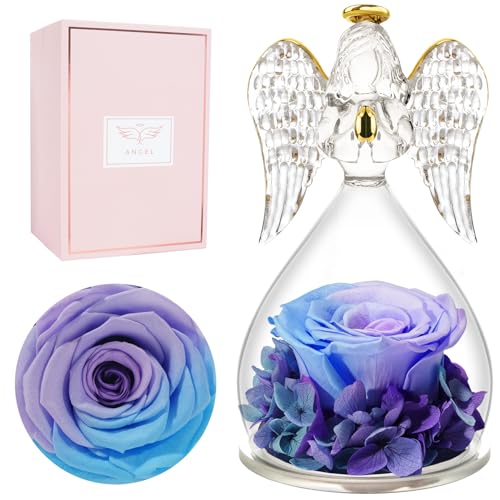 Miofula Gifts for Mom Birthday Gifts for Women, Preserved Flowers Rose in Glass Angel Figurines, Fresh Flowers for Delivery Anniversary Forever Real Roses Gifts for Mothers Grandma Her Wife Girlfriend - color: Blue+purple