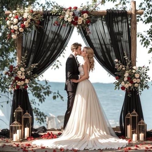 Wedding Arch Draping Fabric, 2 Panels 18FT Black Sheer Backdrop Curtain Chiffon Fabric Drapery Voile Scarf Draping Panels for Wedding Archway Ceremony Curtain Valance Party Decoration - color: Black Drapes Curtain, size: (2 Panels )6 Yards/36ft