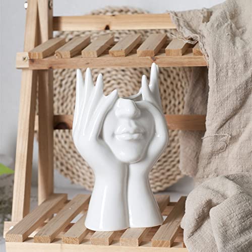 Ceramic Face Vase, White Flower Vases for Decor Female Form Head Half Body Vase Boho Unique Decorative Modern Style for Home Living Room Office Book Shelf (Medium) - color: C(medium)