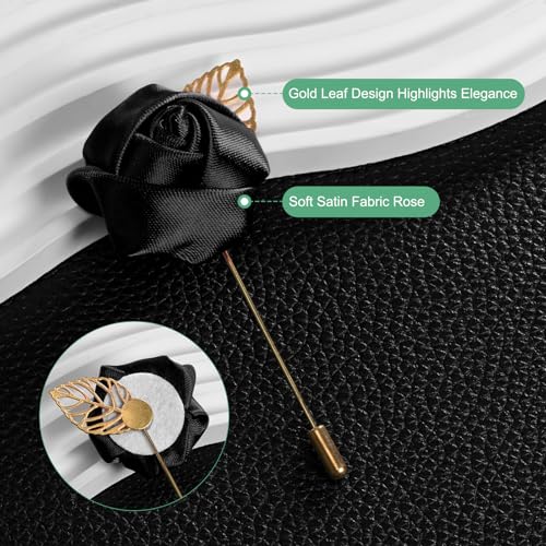 M METERXITY 12-Pack Flower Lapel Pins for Men, Golden Leaf Rose Boutonnieres Pin for Wedding/Dance/Party, Mens Lapel Pins for Suits Satin Flower Corsage Hat Pins [Black] - color: Black
