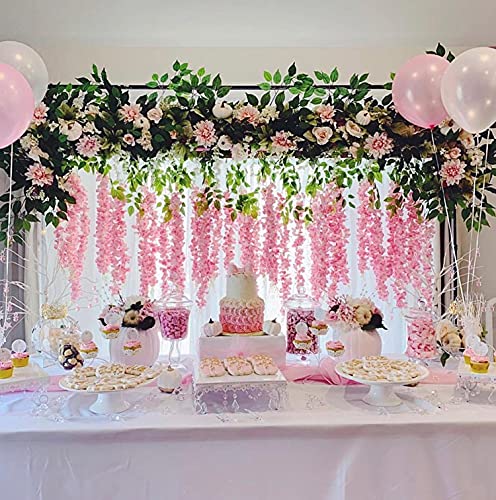 WEISPARK Fake Hanging Flowers - 12 Pieces 3.75 Feet/Piece Artificial Wisteria Vine Ratta Hanging Garland Silk Flowers for Home Party Wedding Decor (Pink) - color: Pink