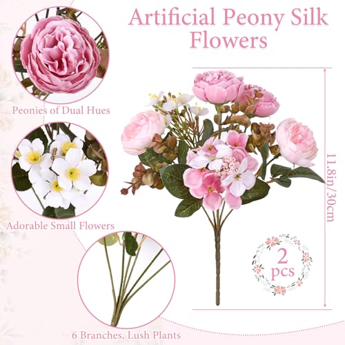 DEMIUKO 2PCS Peonies Artificial Flowers, Pink Faux Peony Bouquet Fake Silk Flower for Vase Faux Floral Arrangements Plastic Flowers for Farmhouse Home Kitchen Table Centerpiece Party Wedding Decor - color: Pink, size: 2PCS
