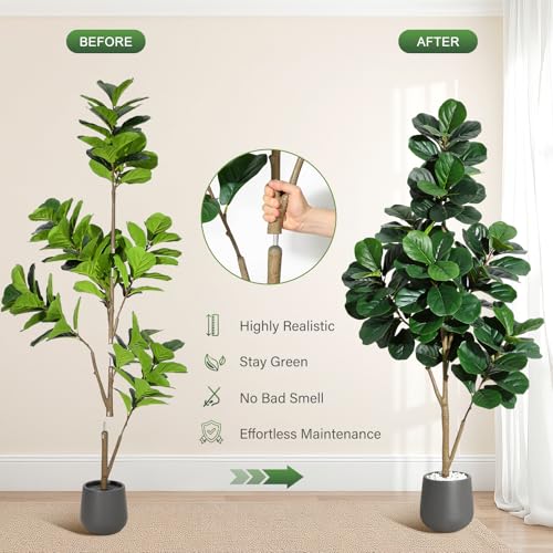 6 ft Fiddle Leaf Fig Tree Artificial with 108 Leaves - Realistic Faux Ficus Lyrata Trees in 9 in Grey Planter Pot, Indoor Fake Floor Plants for Home Office Living Room Decor, Housewarming Gift - color: With Black Planter, size: 6ft