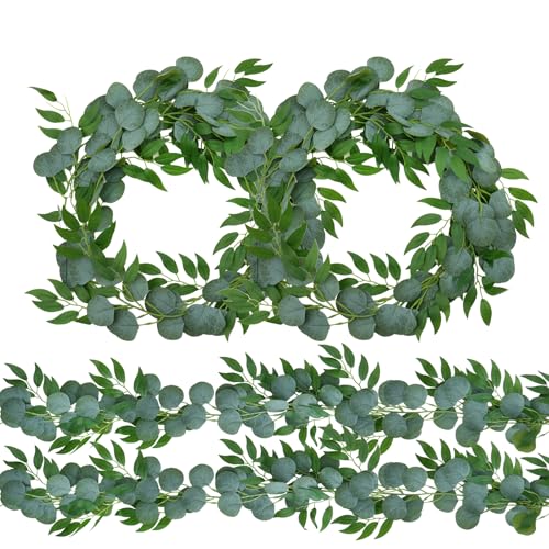 4 Pack Artificial Eucalyptus Garland with Willow Leaves Each 6.5 Feet Fake Greenery Garland Vine for Table Runner Centerpiece Stairs DIY Garlands Decor - color: Green-4