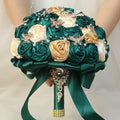 Handmade Wedding Flowers Bouquet Round Holding Bridal Bouquet Artificial Satin Roses Bunch for Bride Bridesmaid Wedding Quinceanera - color: Dark Green, Cream & Light Gold, size: Small (Dia. 7.5"/19cm)