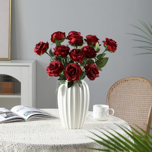 Tifuly 12pcs Red Roses Artificial Flowers,Realistic Long Stem Fake Silk Roses Bouquet for Party Home Wedding Centerpiece Office DIY Decor（Burgundy） - color: Burgundy Red