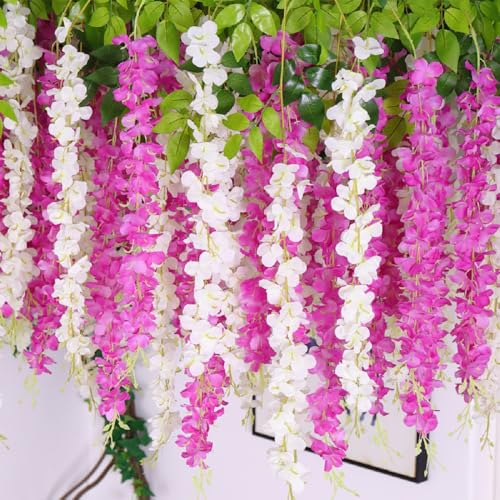 WEISPARK Fake Hanging Flowers - 12 Pieces 3.75 Feet/Piece Artificial Wisteria Vine Ratta Hanging Garland Silk Flowers for Home Party Wedding Decor (Fuchsia) - color: Fuchsia