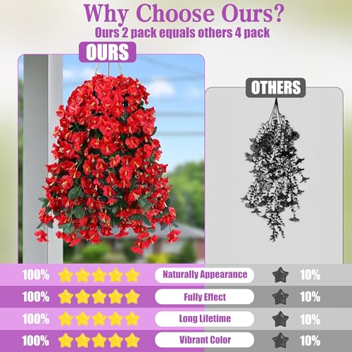 Sggvecsy Artificial Fake Hanging Flowers Plants for Outdoor Outside Spring Summer Decoration 2PCS Faux Silk UV Resistant Realistic Morning Glory Trailing Vines for Home Porch Patio Balcony(Red) - color: Red, size: 2Pcs