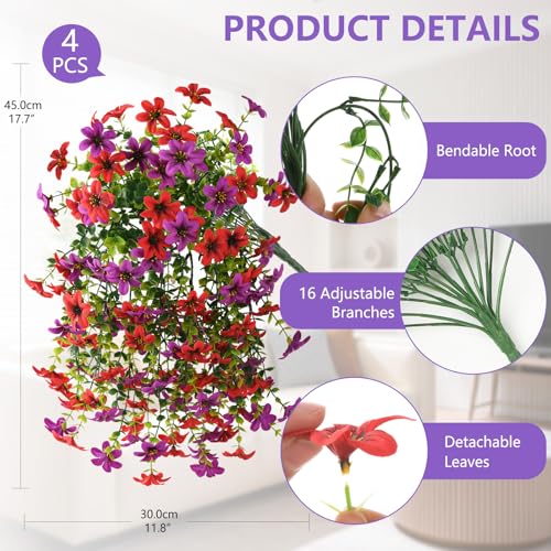 Artificial Hanging Baskets Outdoor, 4 Bundles Artificial Hanging Flowers Outdoors Spring Summer Decoration, No Fade Realistic Fake Hanging Baskets for Porch Patio Balcony Home Yard Decor - color: Red Purple