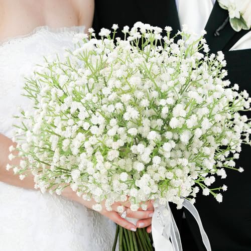 N&T NIETING Babys Breath Artificial Flowers Bulk, 15Pcs Fake Gypsophila Bouquet Flowers Real Touch Faux Babies Breath Arrangement for Wedding Floral Party Home Centerpieces Vase Decoration, White - color: White, size: 15pcs