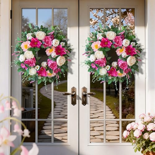 24 Inch Spring Wreaths for Front Door Outside,Artificial Silk Peony Rose Magnolia Spring Summer Wreath with Lavender Greenery | Luxury Summer Wreaths for Front Door-Indoor Outdoor Wreath Decor - color: White Pink Peony