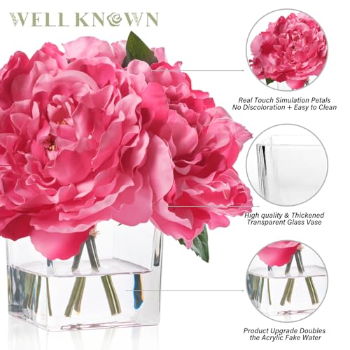 Artificial Peonies Flowers Arrangements in Cube Glass Vase, WELLKNOWN Silk Flower Centerpieces for Dining Room Table, Coffee Table Decor, Faux Peony Flowers with Faux Water (Fuchsia) - color: Fuchsia