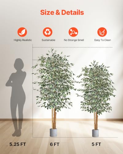 VEVOR 6FT Artificial Ficus Tree with Black Pot, Tall Faux Ficus Plant with Natural Wood Trunk and Realistic Green Leaves, Indoor Fake Silk Tree for Home, Office, Living Room, or Corner Décor - color: Artificial Ficus Tree, size: 6ft