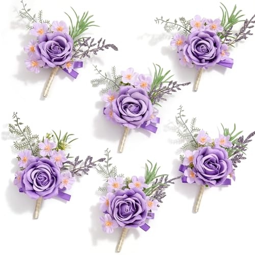 Serwalin 6 Pcs Purple Boutonniere for Men, Groom Groomsmen Best Man Guest Boutonnieres，Artificial Flowers Silk Rose for Wedding Prom Ceremony Anniversary Party Homecoming - color: Purple, size: Boutonniere 6pcs