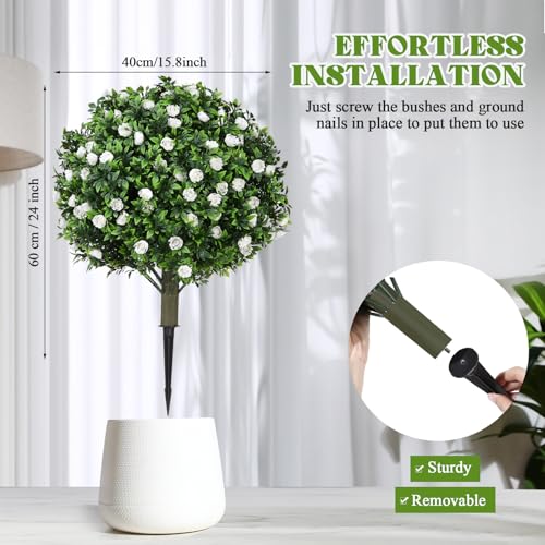 Lunmon 2 Pack 24" Artificial Topiary Ball Plants Trees with Flowers, Outdoor Fake Topiary Plants with Ground Spike, UV Resistant Faux Bushes for Indoor Outdoor Front Door Decor (White,Rose) - color: White, style: Rose