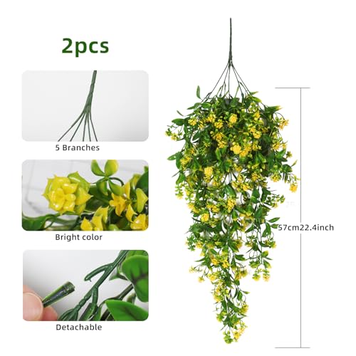 RECUTMS 2Pcs Artificial Hanging Flowers for Outdoor Decoration Fake Hanging Plants Faux Yellow Flowers Artificial UV Resistant Plastic Greenery Vines Ivy for Outdoor Indoor Garden Party Decor（Yellow） - color: Yellow-rose