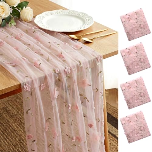 4 Pack Embroidery Floral Table Runner Rustic Spring Summer Wildflower Tulle Table Runner Vintage Flower Kitchen Dining Tabletop Runners Decoration for Home Wedding Party, 108x24.5 Inch (Pink) - color: Pink-4, size: 108*24.5 inch