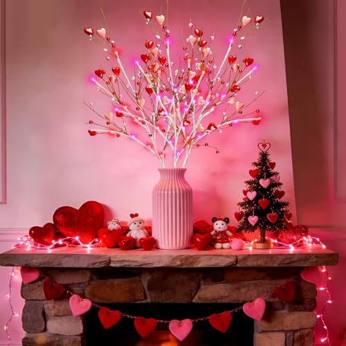 Agusbagli 3 Pack Valentines Day Decor 30in Lighted Valentine’s Day Picks with 60LED Pink Lights Artificial Red Heart Berry Flower Stems Timer Battery Operated Valentines Day Decorations for Home
