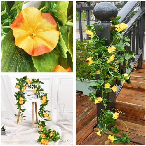 Fake Morning Glory Hanging Plants, Artificial Vines Silk Flowers Faux Ivy Plastic Greenery Garland Plant for Home Garden Yard Wall Fence Stairway Wedding Party Basket DIY Decoration Orange 2 Pack - color: Morning Glory Vines - Orange 2 Pcs