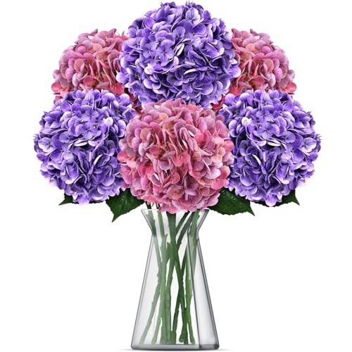 8pcs Hydrangea Artificial Flowers Purple Magenta Fake Silk Hydrangea Flower Stems for Bouquets UV Resistant Realistic Faux Plants Home Outdoor Wedding Party Centerpieces Decor (Purple, Magenta, 8 PCS) - color: Purple, Magenta