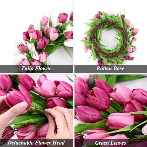 U'Artlines 20 Inch Tulip Wreath for Front Door, Spring Summer Silk Wreath with Green Leaves Artificial Tulip Flower Wreaths for All Seasons Window Wall Wedding Valentines Day Decor - color: Pink, size: 20 Inch