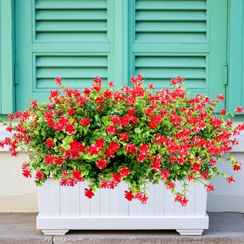 12 Pack Artificial Flowers & Plants for Outdoor Decor - Faux Eucalyptus & Lavender Greenery Shrubs - Fake Plants for Garden, Porch, Patio, Cemetery - Spring & Autumn Home Decoration - color: Red