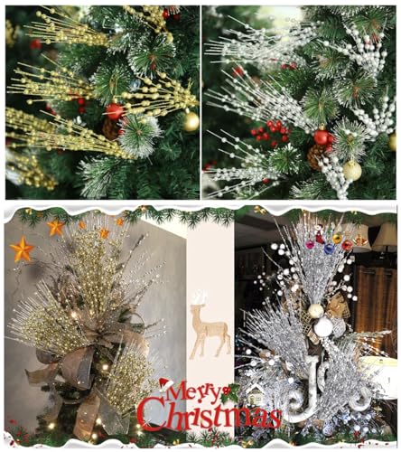 Artificial Golden Glitter Berry Stem Decorations 17 Inches, Fake Bead Sticks Picks for Halloween Christmas Ornaments Tree DIY Wreath Crafts Gift Fireplace Holiday Home Xmas Decor - Gold 10 Pack - color: Glitter Berry Sticks - Gold 10 Pack