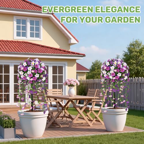 Grooy Artificial Plants Flowers Topiary Ball for Outdoor, 2 Pack Fake Purple Silk Morning Glory Plant Bushes, UV Resistant Realistic Plants Shurbs for Outside,Front Porch,Patio,Yard - color: Purple Morning Glory