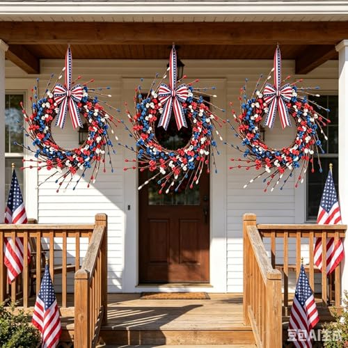 6 Pcs Patriotic Wreath Mini 4th of July Hanging Wreaths for Cabinets Artificial Red White Blue Berries Memorial Day Wreaths Pillar Candle Holder Wreath with Ribbon for Independence Day Porch Wall - color: Patriotic-15