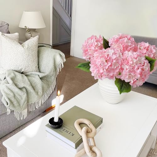 JINWOE Light Pink Flowers Silk Artificial Hydrangeas, 5Pcs 20Inch Lifelike Large Flowers with Stems, Full Artificial Flowers for Wedding Bouquet Table Centerpieces Spring Home - color: Light Pink