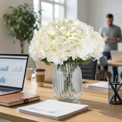 2Bouquets Artificial Fake Flowers Plants Silk Hydrangea Arrangements Wedding Bouquets Decorations Plastic Floral Home Kitchen Garden Party Festival Bar DIY(White,5 Flower Heads) - color: White,5 Flower Heads