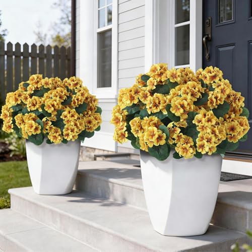 GLIDLION 12 Bundles Artificial Geranium Flowers for Spring Summer Decor, UV-Resistant Fake Plants Realistic Faux Silk Bouquets for Front Door Farmhouse Garden Porch Home Outdoor Decor (Yellow) - color: Yellow