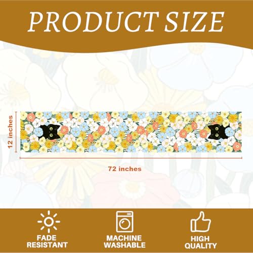 Black Cat Spring Table Runners Floral Spring Table Runner for Home Cat Floral Decorations for Home Office Kitchen Living Room Apartment Farmhouse 13 x 72 Inch - color: Black Cat 05