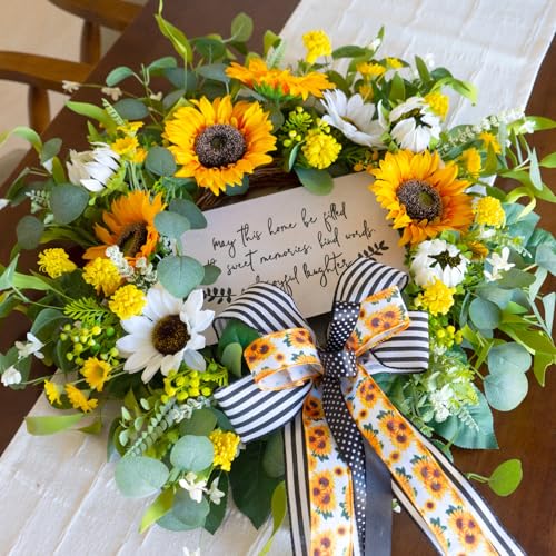 Spring Wreaths for Front Door 24 Inch Handmade Spring Summer Wreath with Artificial Sunflowers,Welcome Message Sign & Elegant Bow and White Yellow Daisy Wildflowers for Home,Porch&Gift Giving - color: Sunflower
