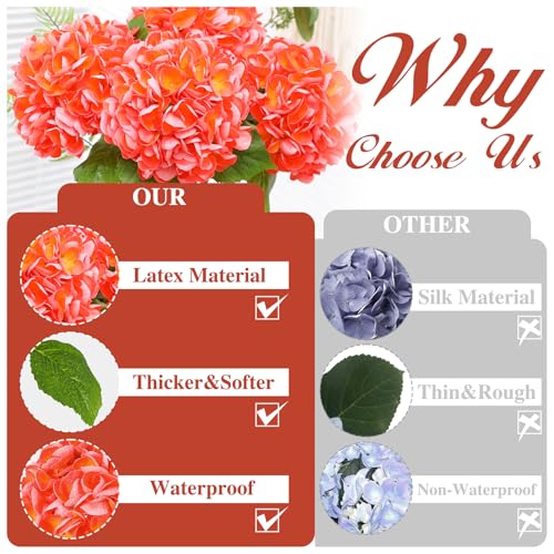 Nubry 4Pcs Orange Hydrangea Artificial Flowers, 22.5In Latex Faux Real Touch Large Hydrangea Flowers with Long Stems & Leaves for Home Office Decor Wedding Party Arrangements(Orange) - color: Orange, size: 4 Pcs