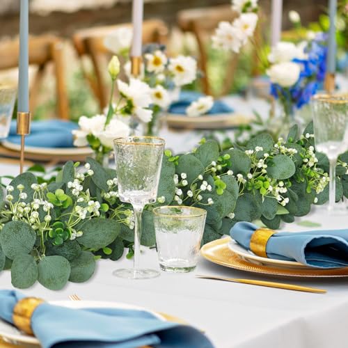 Eucalyptus Garland, 2 Packs 5.9FT Greenery Garland with Gypsophila Flowers Artificial Faux Silver Dollar Eucalyptus Leaves Fake Vines for Indoor Outdoor Table Mantle Home Party Wedding Decor - color: Style-03, size: 2PCS