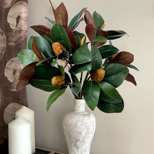 Artificial Magnolia Leaves Plant, Fake Branches 18.5 Inch 3D Plastic Leaf Greenery Bushes Faux Simulation Shrubs Stems Twigs for Home Garden Decor Vase Office Wedding Party DIY Decoration Green 2 Pack - color: Magnolia Branches 2 Pcs