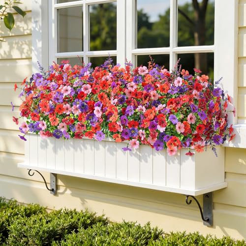 SHareconn 24 Bundles Artificial Flowers for Outdoors Decoration, Faux Plants Fake Silk Colorful Daisy Eucalyptus Lavender, UV Resistant for Outside Home Porch Indoor Spring Decor, 6 Colors incl. Brown - color: Redbrownpurpledeeppurpleorangepink