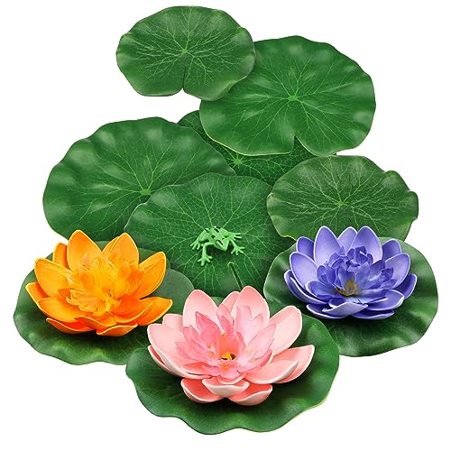 10pcs Floating Foam Lotus Flowers with Artificial Frog Lotus Leaves, Lily Pads for Lake, Artificial Pond Plants Ornaments for Pool Aquarium Water Decoration, Colorful - color: Multi Color