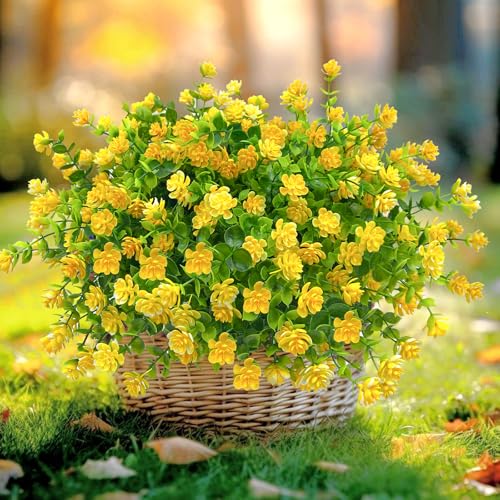10 Bundles Artificial Fall Flowers for Outdoors,UV Resistant Fake Plastic Plants Artificial Shrubs Spring Flowers Decor of Vase and Outside Window Box, Ferns Plants for Planter-Yellow - color: Yellow, size: 10PCS