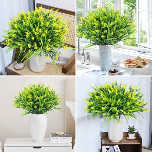 Ouddy Decor 24 Bundles Artificial Flowers for Outdoors, Fake Lavender Flowers Monkey Grass Faux Plastic Plants Shrubs UV Resistant for Porch Garden Window Box Office Home Decorations, Yellow - color: Yellow