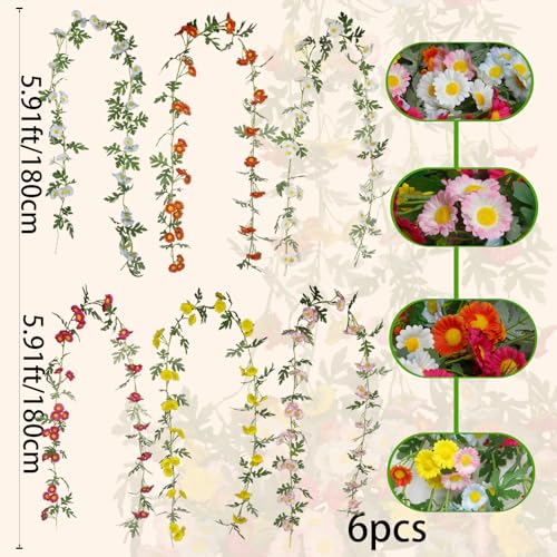 6 Pcs Wildflower Garland Spring Flowers Garland 12 FT Colorful Artificial Daisy Flowers and Leaves Faux Floral Vine for Mantle Baby Shower Wedding Arch Porch Staircase Summer Decor - color: Blue, Rose Red, Orange, White, Pink and Yellow