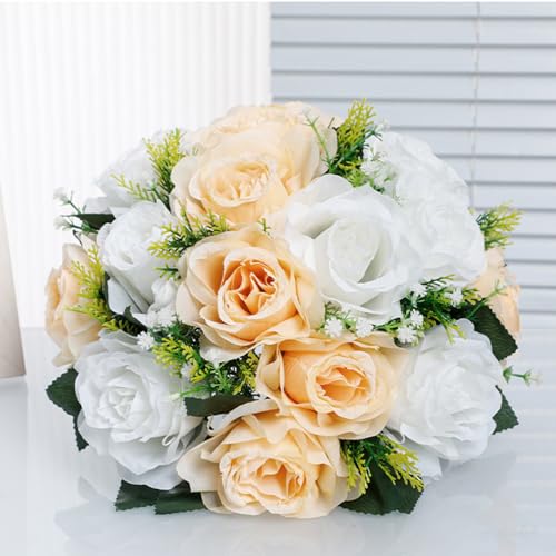10Pcs Artificial Flower Ball Arrangement, 15 Flower Heads Wedding Roses Bouquet with Base Suitable for Parties Valentine's Day Wedding Centerpieces and Home Decor (Champagne & White) - color: Champagne & White