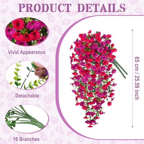Artificial Hanging Petunias Flowers for Outdoor, 2pcs Fake Plants Long Vine Morning Glory Eucalyptus, UV Resistant Realistic Faux Greenery Outside Patio Porch Garden Spring Decor, Purple Hot Pink - color: Hot Pink Purple
