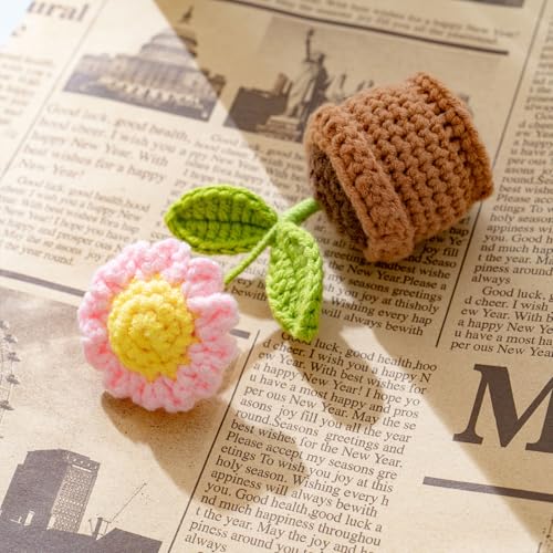 Handmade Crochet Flowers, Small Potted Plants, Knitted Desk Decorations for Home Office Decor, 5 Inches Pink Artificial Flower (Sunflower) - color: 1：one Sunflower