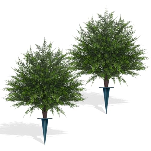 Yangrass 23" Artificial Cedar Topiary Ball Trees with Spike, Set of 2 UV Resistant Fake Evergreen Bushes Shrubs Trees, Realistic Faux Cypress Plants for Outdoor Indoor - color: Fine Cedar