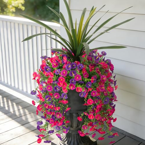3 Bundles Fake Artificial Morning Glory Flowers for Outdoors, 1 Bundles Faux Greenery Plants UV Resistant Weatherproof for Indoor Outdoor Garden Patio Window Box Home Decor - color: Dar Purple,light Purple，rose Red