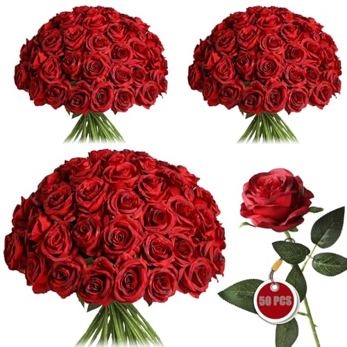 50PCS Artificial Silk Roses in Bulk & Bouquet Long Stem – Realistic Fake Roses for Wedding Centerpieces, Home Decor, Floral Arrangements, Party Decoration (Burgundy) - color: Burgundy, size: 50 Pcs