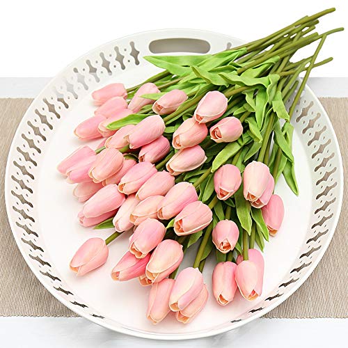AMZALI Artificial Flowers Real Touch Mini PU Tulips Bouquet Fake Tulips Flowers Arrangement Artificial Plants for Wedding Centerpiece Room Home Hotel Party Event Christmas Decor Pink Set of 30 - color: Pink, size: 30PCS