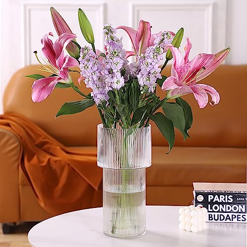 Large Glass Vase, 12 Inches Tall Vase for Flowers, Flower Vases for Bouquet, Modern Ribbed Glass Vases for Living Room, Dining Table, Office, Entryway, Mantle, Shelf, Wedding Gifts - color: Clear, size: Ribbed 12 Inches